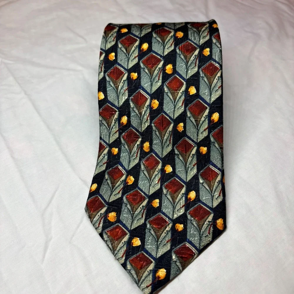 Ermenegildo Zegna Silk Tie Navy‎ Burgundy Gold Geometric Diamond Made in Italy